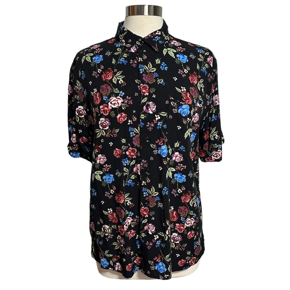 Urban Outfitters Mens M Black Floral Short Sleeve Lightweight Button Down Shirt